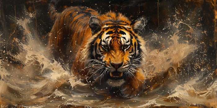 Painting of a tiger with oil technique. Wall art