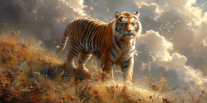 Painting of a tiger with oil technique. Wall art