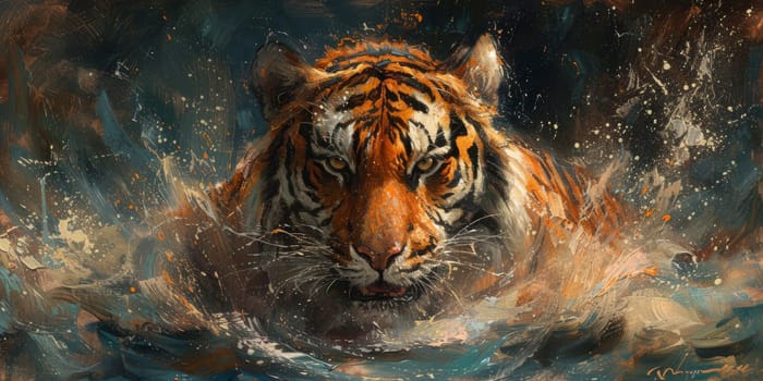 Painting of a tiger with oil technique. Wall art