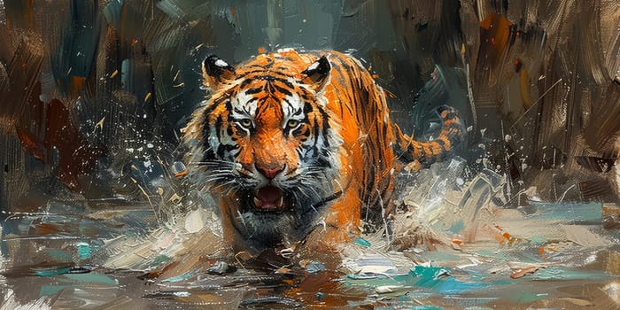 Painting of a tiger with oil technique. Wall art