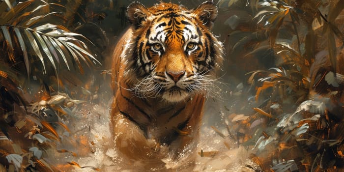 Painting of a tiger with oil technique. Wall art