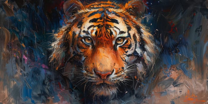 Painting of a tiger with oil technique. Wall art