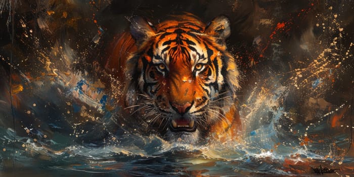 Painting of a tiger with oil technique. Wall art