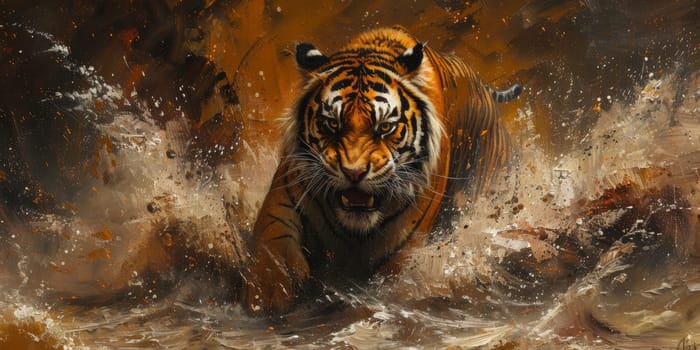 Painting of a tiger with oil technique. Wall art