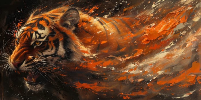 Painting of a tiger with oil technique. Wall art