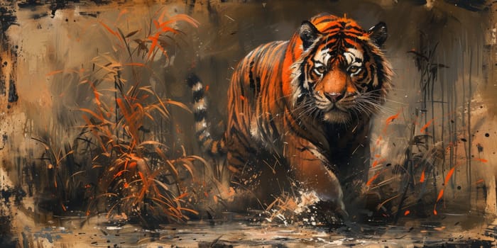 Painting of a tiger with oil technique. Wall art