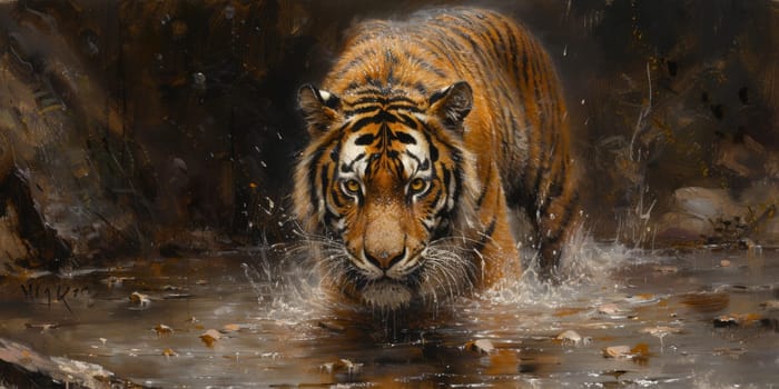 Painting of a tiger with oil technique. Wall art