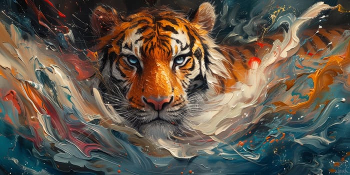 Painting of a tiger with oil technique. Wall art