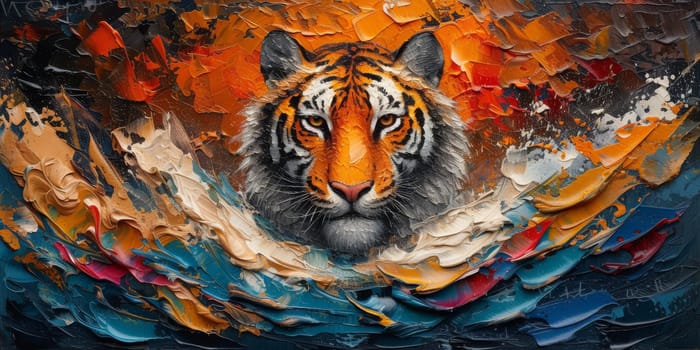 Painting of a tiger with oil technique. Wall art