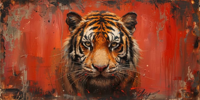 Painting of a tiger with oil technique. Wall art