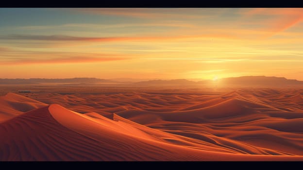 The sun dips below the horizon, casting a warm golden glow over the smooth, windswept sand dunes of a vast and majestic desert landscape. The sun sets over a vast desert. Resplendent.