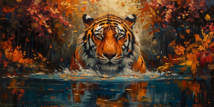 Painting of a tiger with oil technique. Wall art