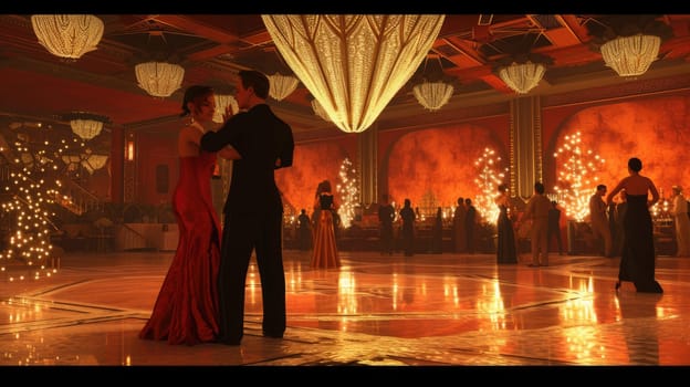 An art deco inspired ballroom from the 1920s, with elegant dancers and lavish decor. Resplendent.