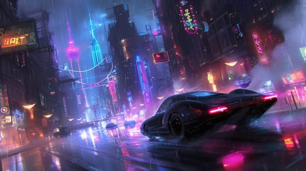 Futuristic city glows with soft hues, complemented by the sleek design of hovering vehicles above the vibrant skyline. Resplendent.