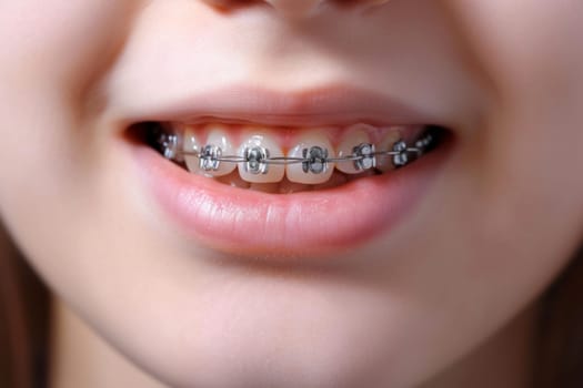 Frontal view of a woman mouth with braces. Close up image, unrecognizable person.