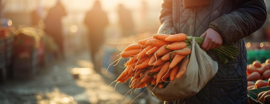 Unrecognizable worker with a harvest bag full of fresh organic carrots, sunbeam as background.