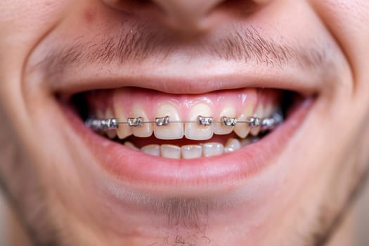 Young adult man wearing dental braces. Braces examination concept.