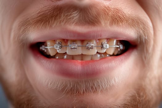 Frontal view of a man mouth with braces. Close up image, unrecognizable person.