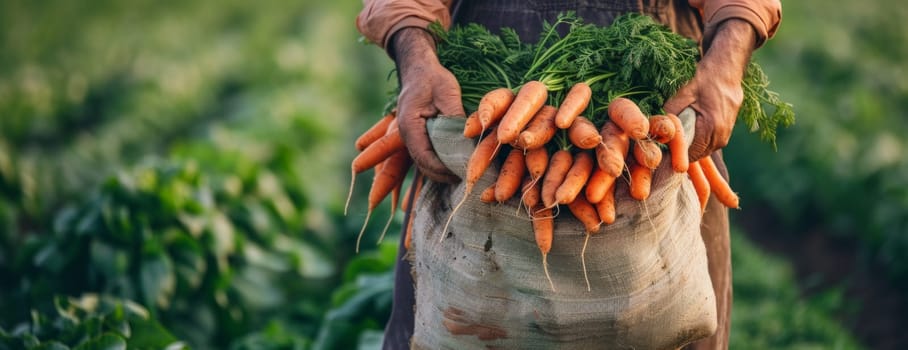 Farmer hands in gloves holding bunch of carrot with copy space.