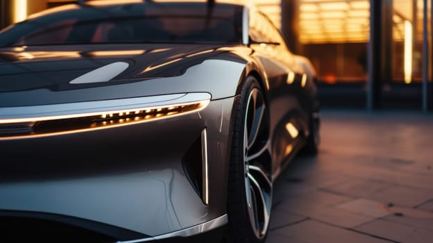 A close-up of a sleek black luxury sports car's headlight, showcased in the reflective ambiance of a premium car showroom. AIG41