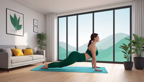 Woman, yoga practice near sofa, leggings and top attire. Bright room, large window, floor-standing flower