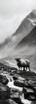 Mountain sheep black and white photo. AI generated