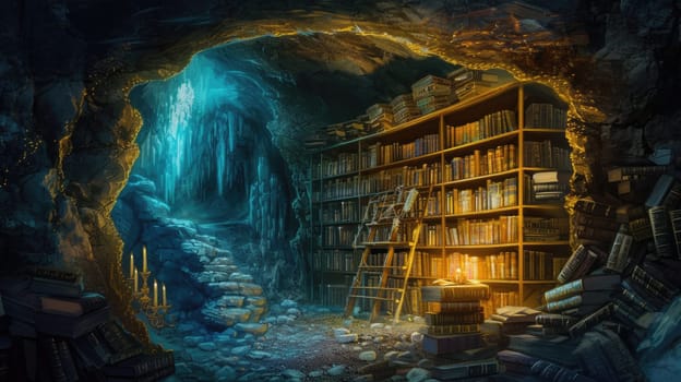 An ancient library filled with magical books, glowing orbs, and mystical artifacts. Shelves reach up to a high, vaulted ceiling, with soft light filtering through stained glass windows. Resplendent.