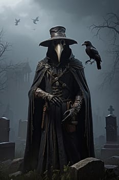 Plague Doctor's Cemetery Raven Mist. AI generated