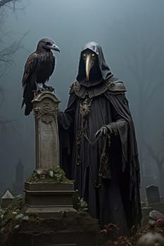 Plague Doctor's Cemetery Raven Mist. AI generated