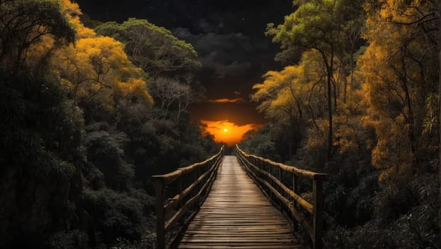 Bridge in the night forest. AI generated
