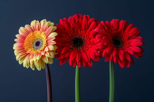 Three beautiful gerberas on a black background. The concept of spring, summer, beauty in nature. AI generated.