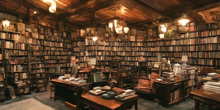 Magical library with a showcase towering shelves of ancient tomes, fluttering parchments, mystical artifacts. Generative AI.