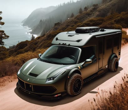 green matte special edition expensive offoroad 4x4 fast sports luxury supercar design camper van conversion for digital nomad avdenture weekender ai art generated