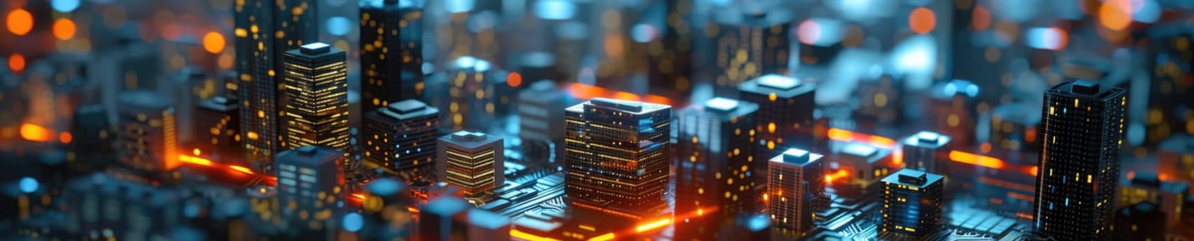 A conceptual visualization of a smart city with glowing structures on a digital circuit board, symbolizing urban technology integration concept. AIG41