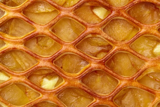 Macro shot of apple pie with tender custard layer and golden lattice crust, showcasing textures and warm tones of popular baked fruit dessert