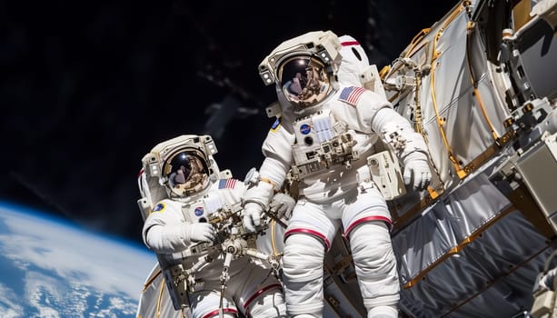 Two astronauts are engaged in experiences and repair at the space station, in an outer space.
