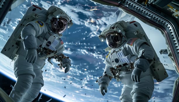 Two astronauts are engaged in experiences and repair at the space station, in an outer space.