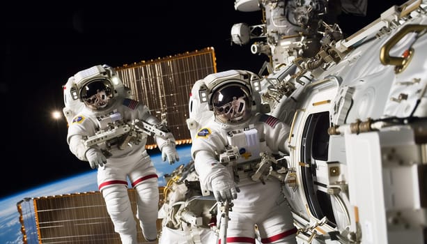 Two astronauts are engaged in experiences and repair at the space station, in an outer space.