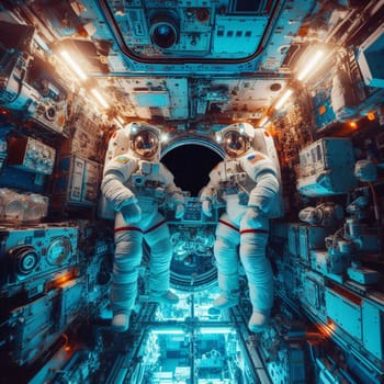 Two Astronauts in Spacesuits on an Space Station. Space Travel and Solar System Colonization Concept