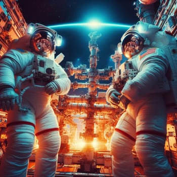 Two Astronauts in Spacesuits on an Space Station. Space Travel and Solar System Colonization Concept