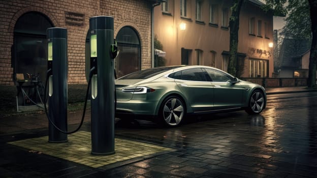 Electric car and charging station. Charging technology industry transport which are the futuristic of the Automobile. AI