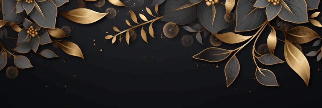 Beautiful background with exotic black and gold leaves. Wide format banner AI