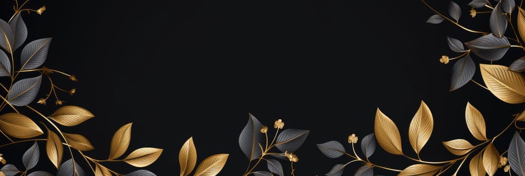 Beautiful background with exotic black and gold leaves. Wide format banner AI