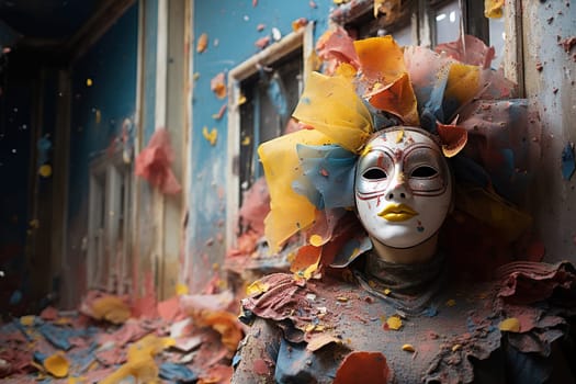 A woman in a carnival mask and a costume stained with paint.