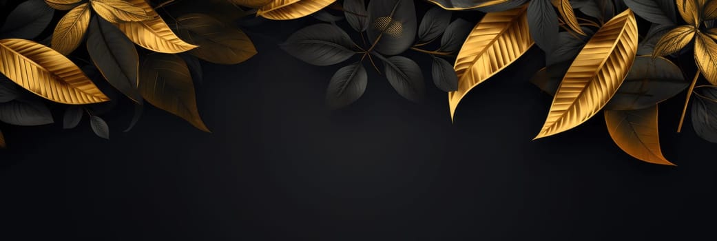 Beautiful background with exotic black and gold leaves. Wide format banner AI