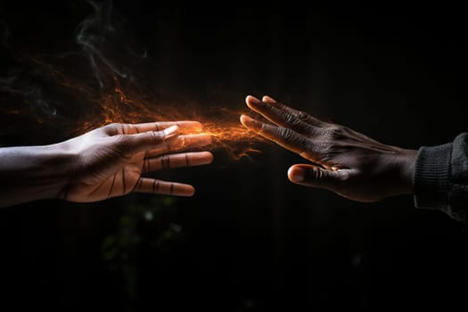 Two dark-skinned hands reach out to each other and are connected by fiery ties.