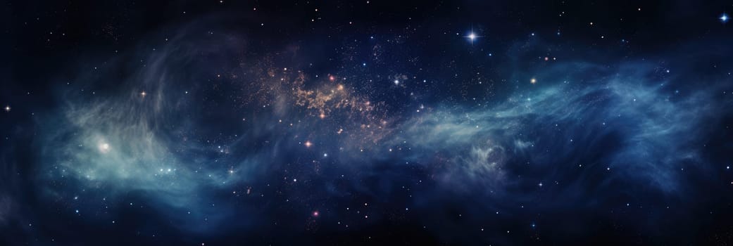 Beautiful space background with stardust and stars. Deep far space, cosmic glowing colors. Outer space with bright stars and galaxies. Wide format banner AI