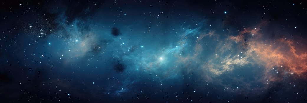 Beautiful space background with stardust and stars. Deep far space, cosmic glowing colors. Outer space with bright stars and galaxies. Wide format banner AI