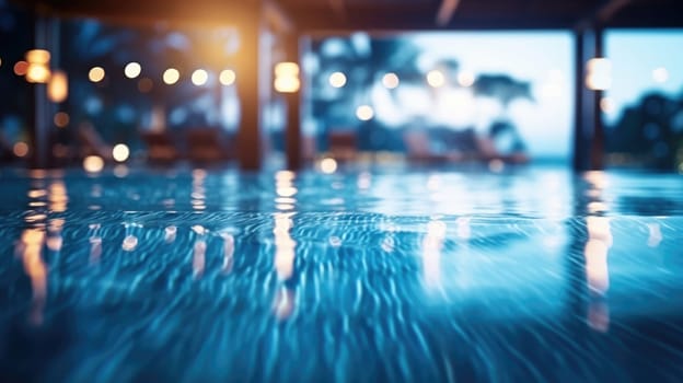 Blur light of bar or pub reflection on blue water swimming pool, summer party at resort night banner AI