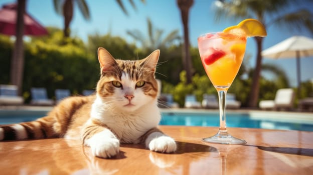 Cat on vacation with cold drinks by swimming pool, palm trees in background. Holidays banner AI